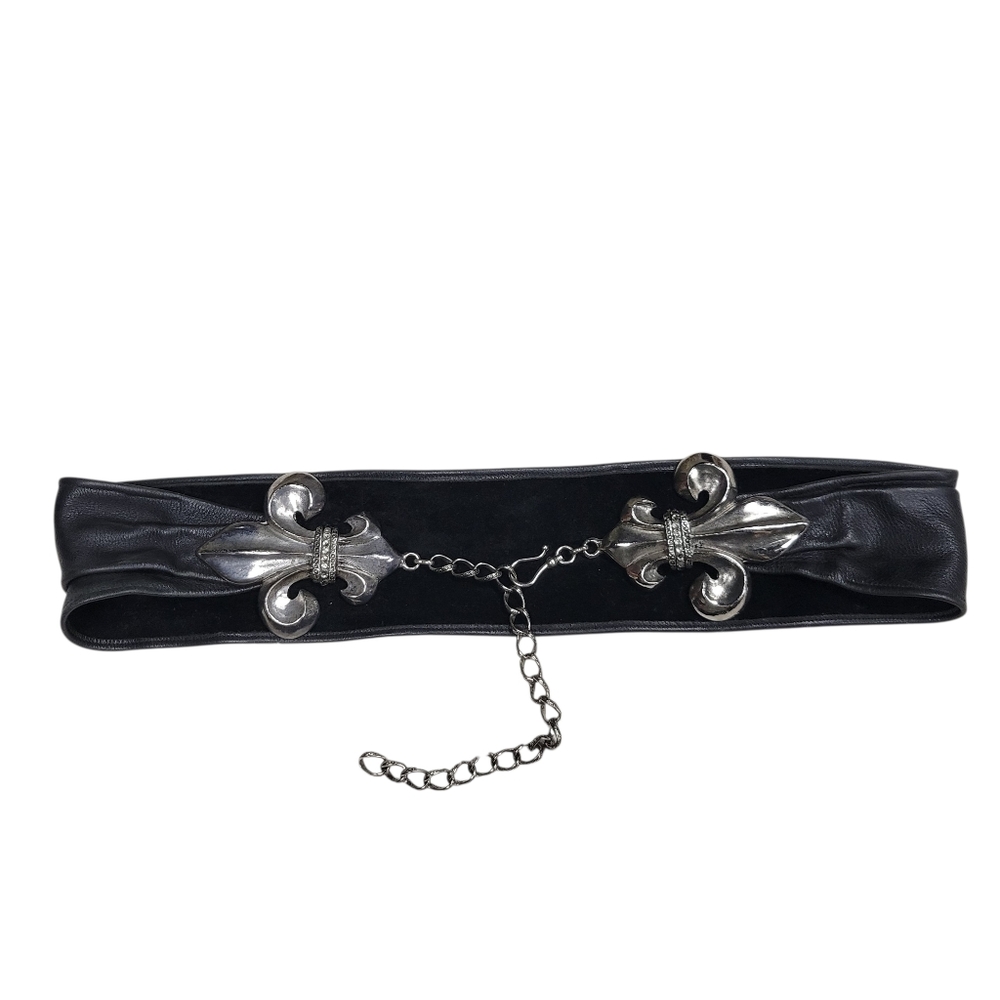 Leatherock USA Wide Black Leather Fleur-de-Lis Chain Hip Belt | Boho Western